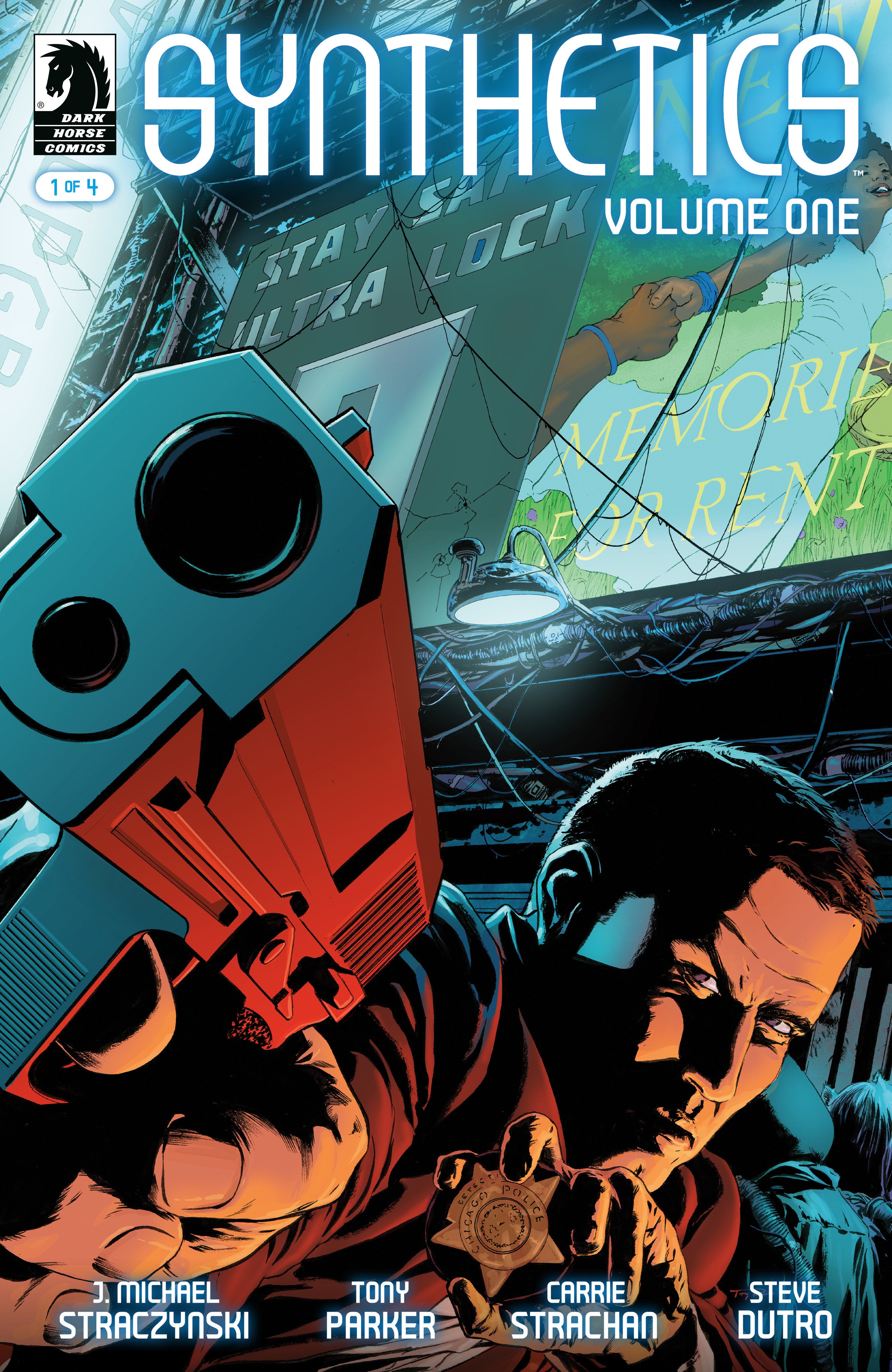 Comic book cover titled 'Synthetics Volume One' with a character holding a gun and a cityscape in the background.