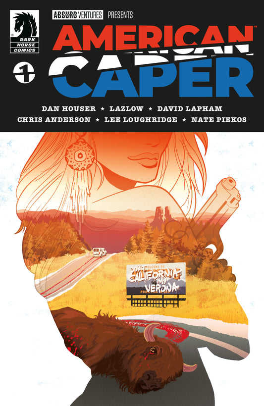 Comic book cover of 'American Caper' with a stylized illustration of a person, landscape, and sign.