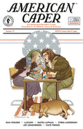 Cover of 'American Caper' comic book with two people at a table and a dog.