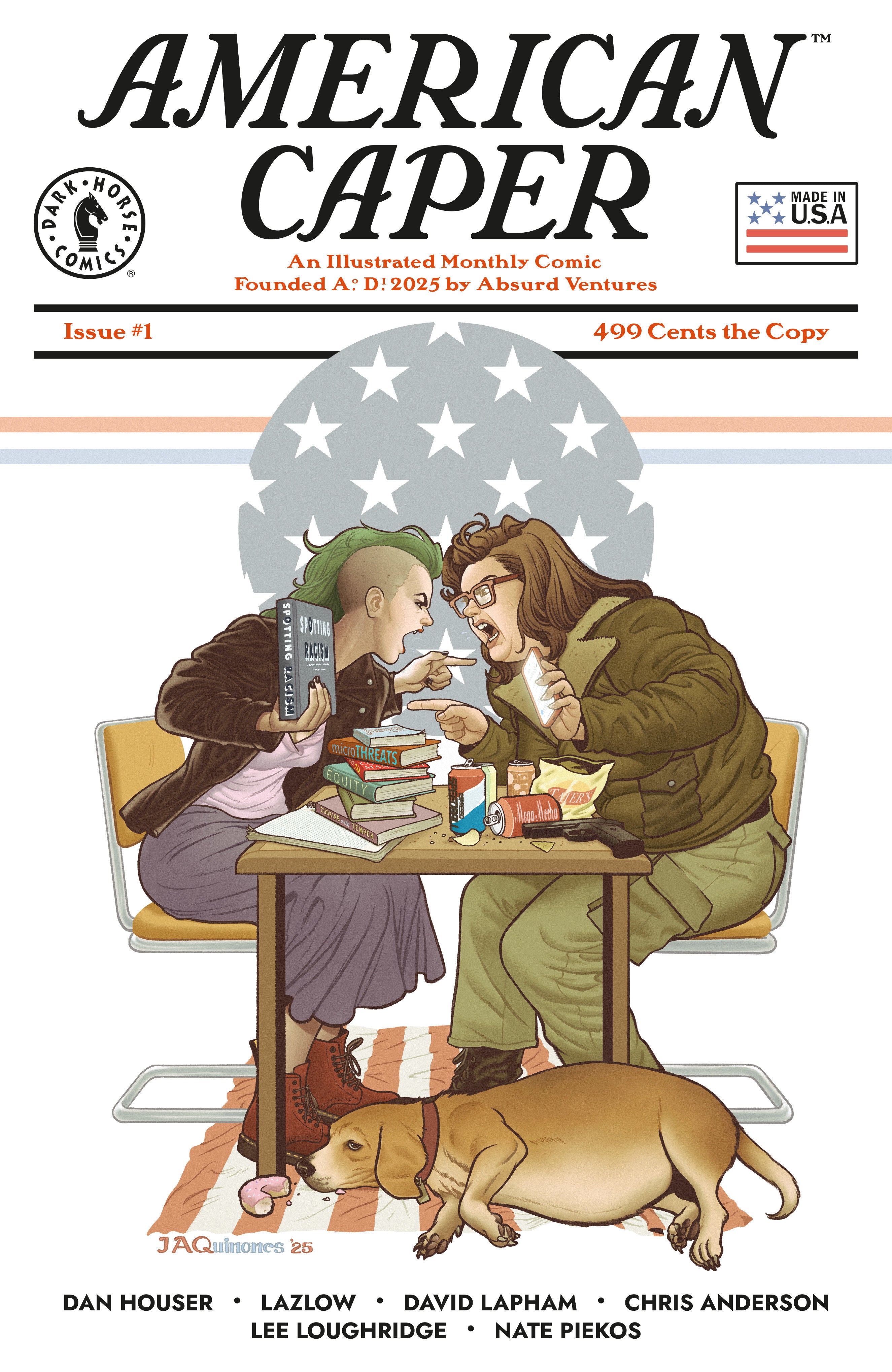 Cover of 'American Caper' comic book with two people at a table and a dog.