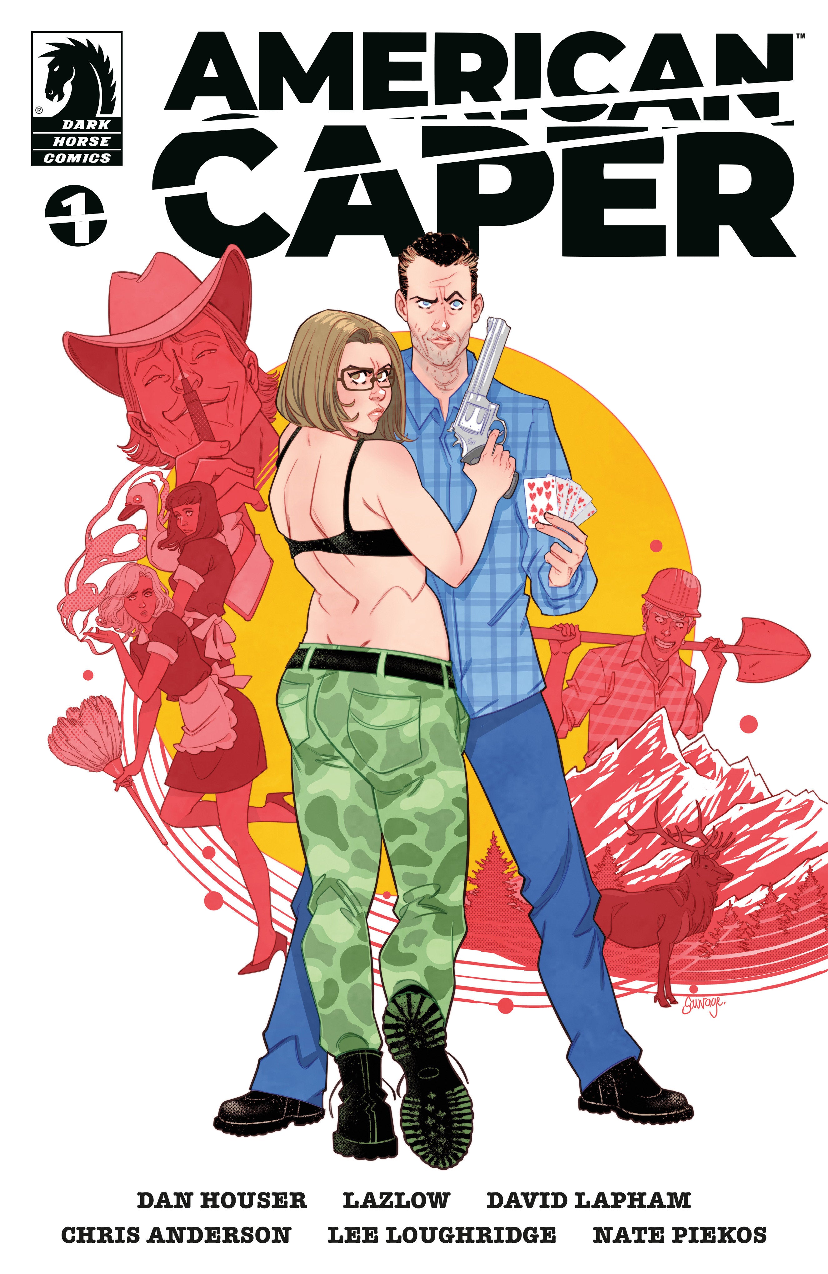 Comic book cover titled 'American Caper' with two characters and colorful abstract designs.
