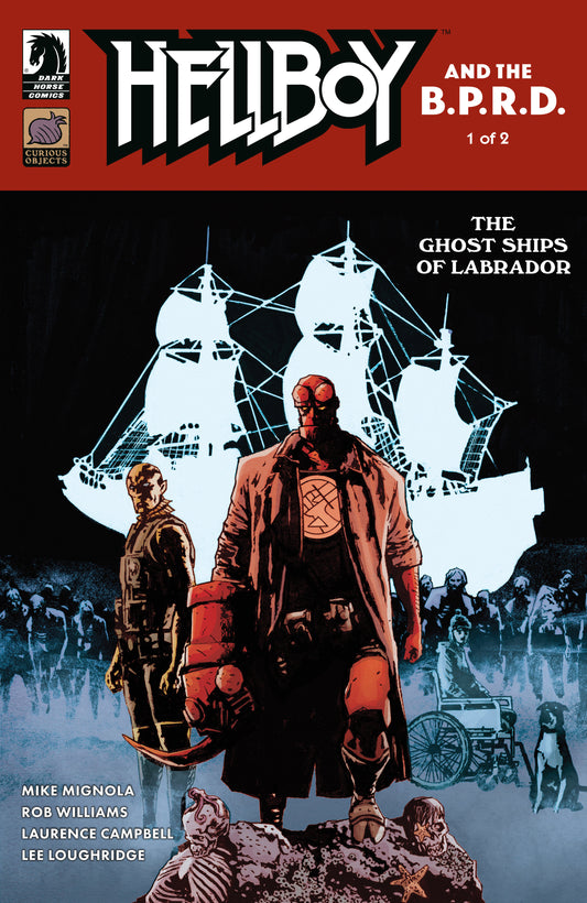 Comic book cover featuring Hellboy and the B.P.R.D. with a ship in the background