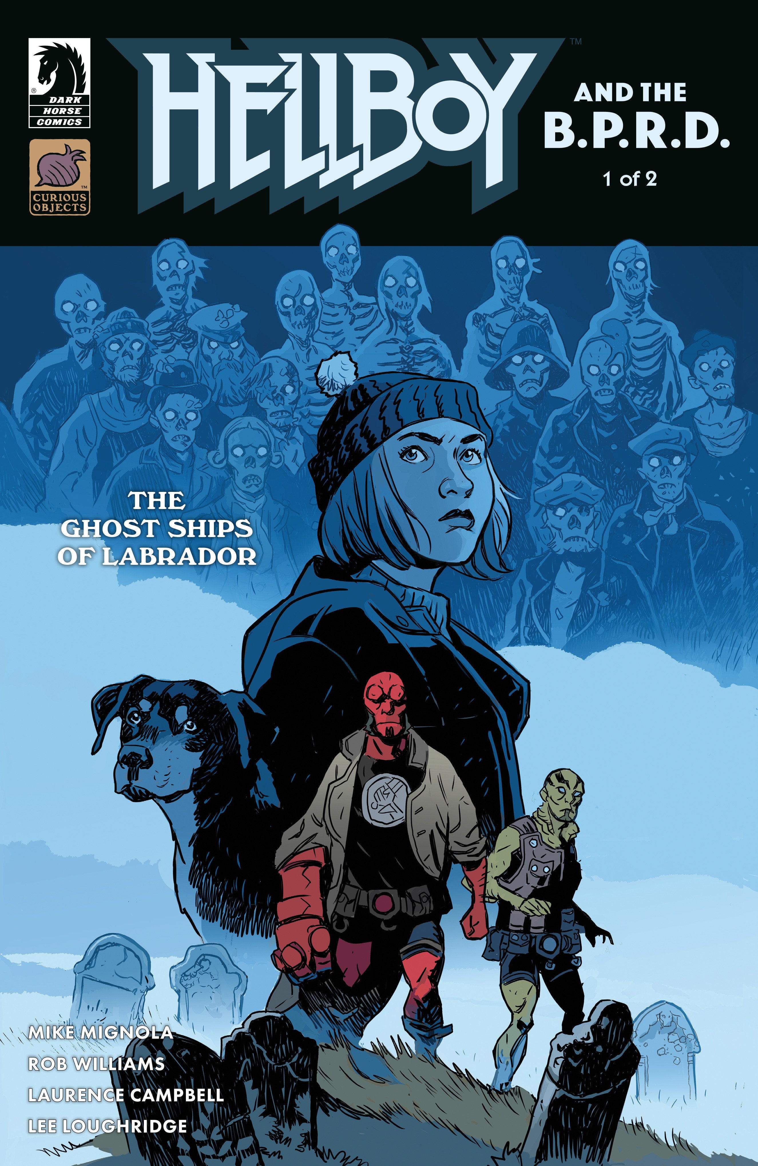 Comic book cover featuring Hellboy and the B.P.R.D. with a blue and black color scheme.