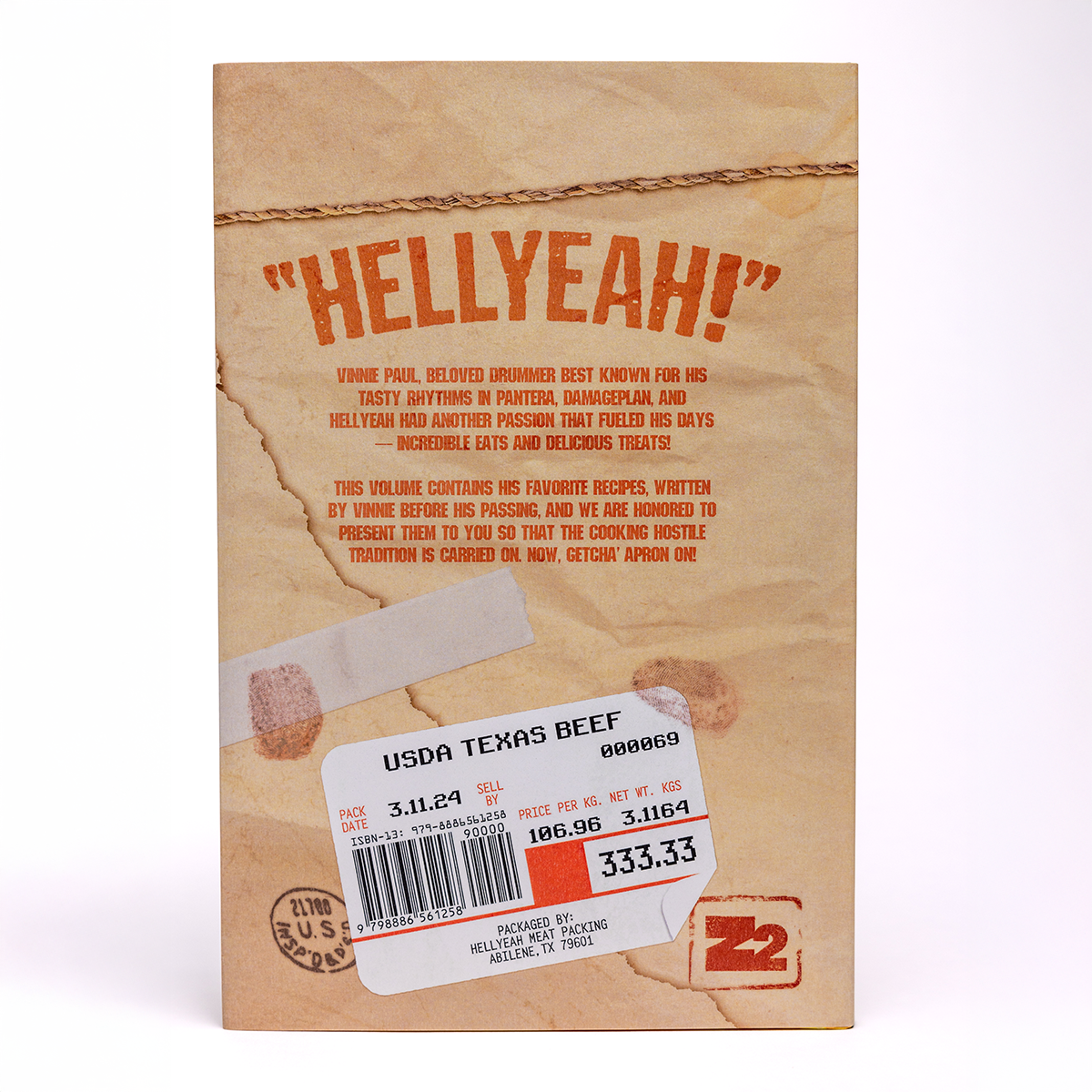 Cardboard packaging with 'HELLYEAH!' text and USDA Texas Beef label on a white background