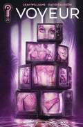 Comic book cover titled 'Voyeur' with stacked television sets displaying intimate images.