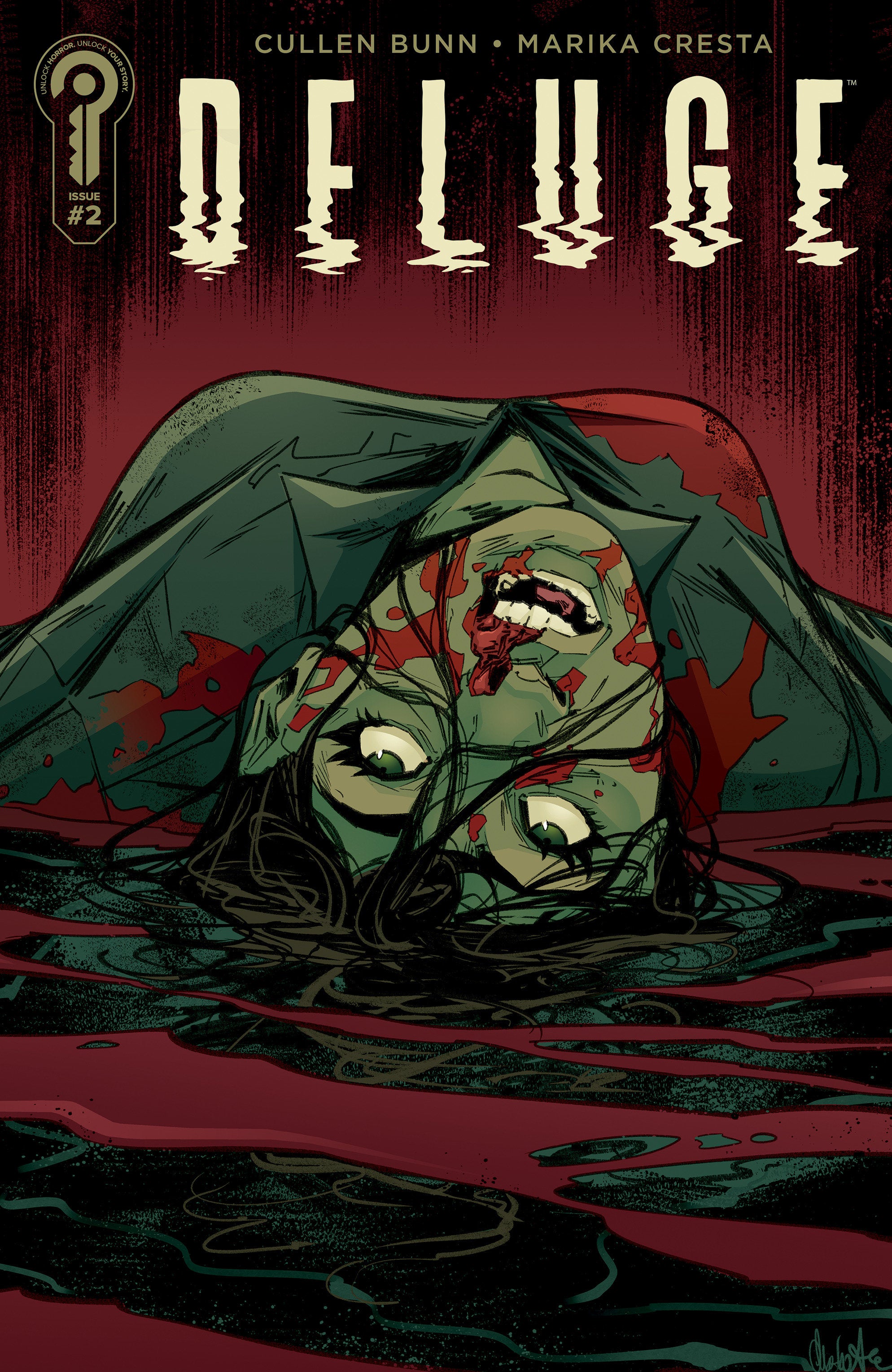Comic book cover of 'Deluge' with a zombie-like figure submerged in water.