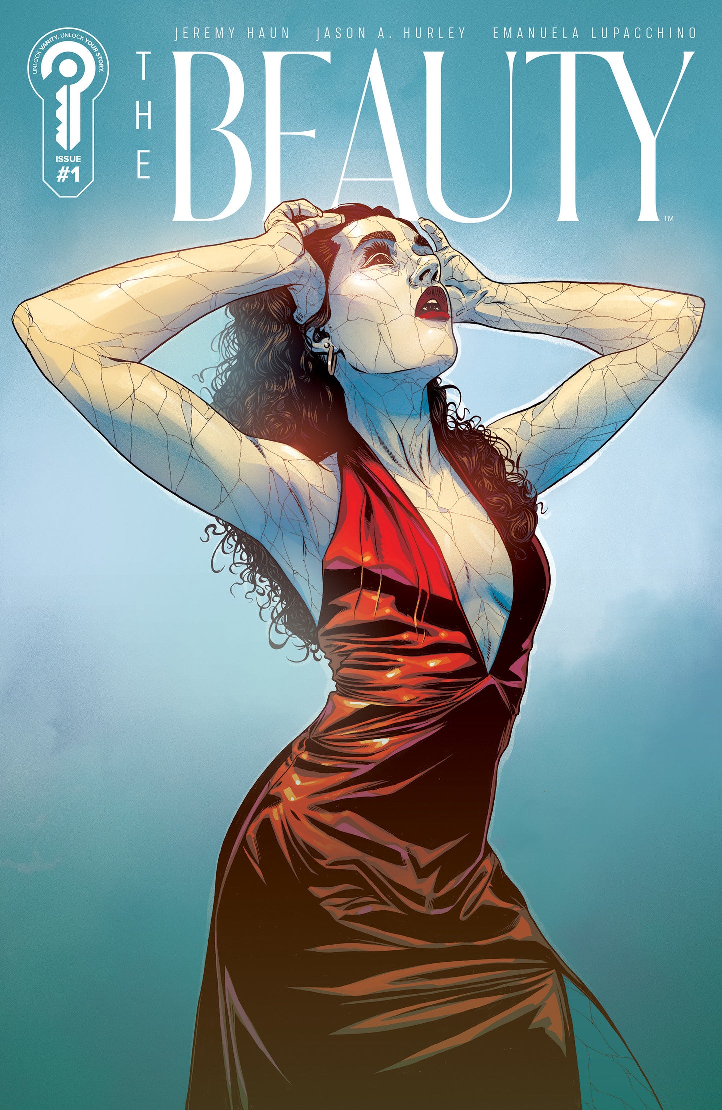 Comic book cover titled 'The Beauty' with a woman in a red dress against a blue gradient background.