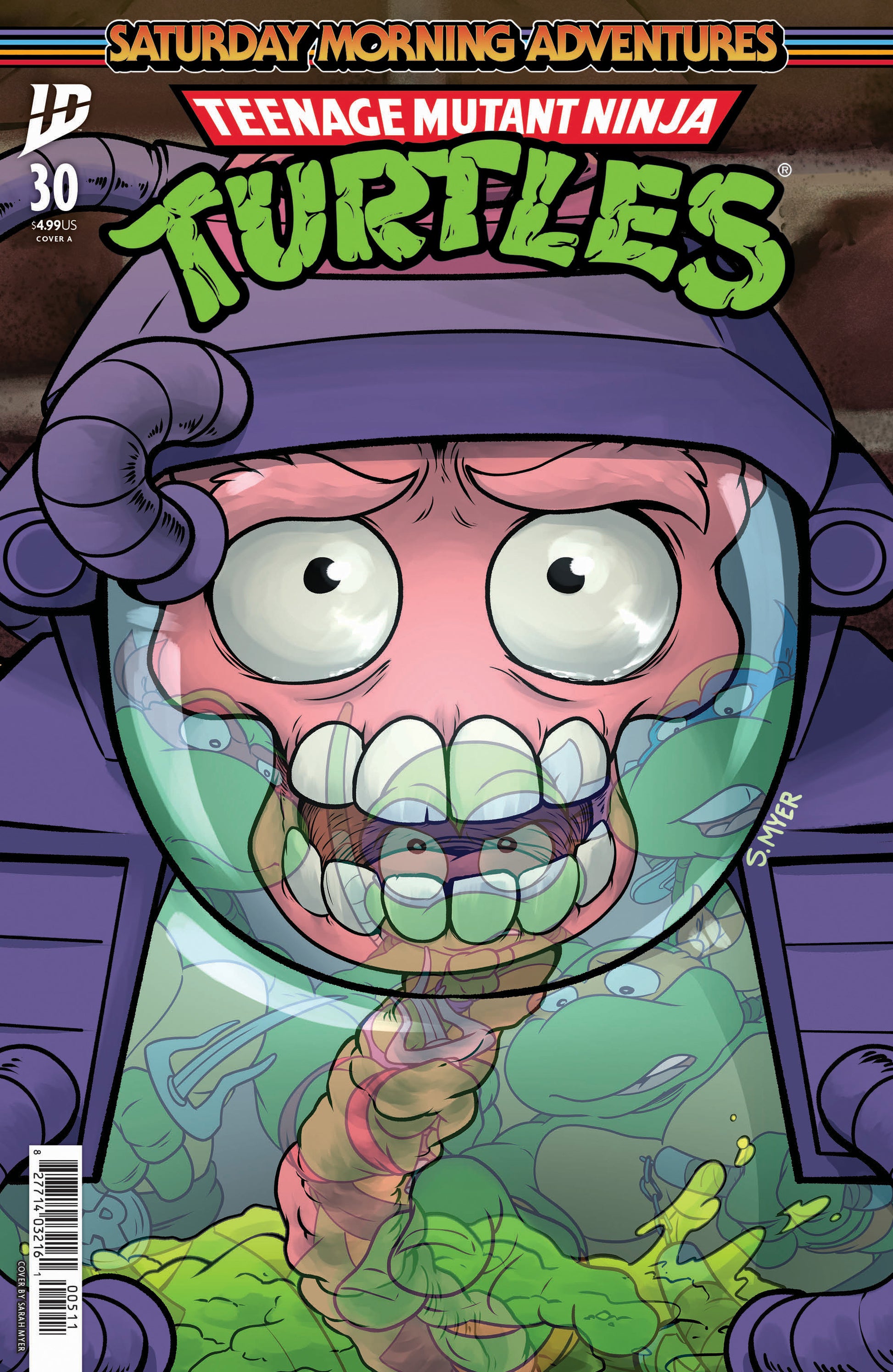 Comic book cover featuring Teenage Mutant Ninja Turtles with a character in a bubble.