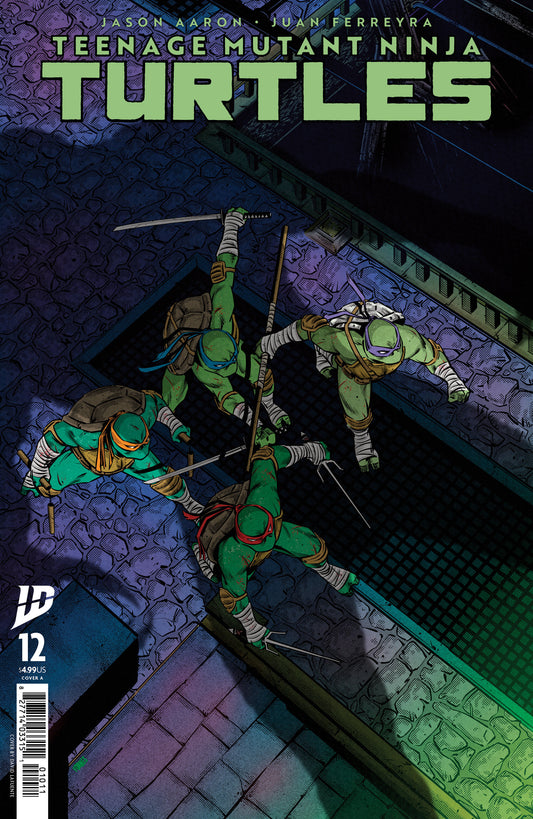 Comic book cover featuring Teenage Mutant Ninja Turtles in action pose on a stone wall.