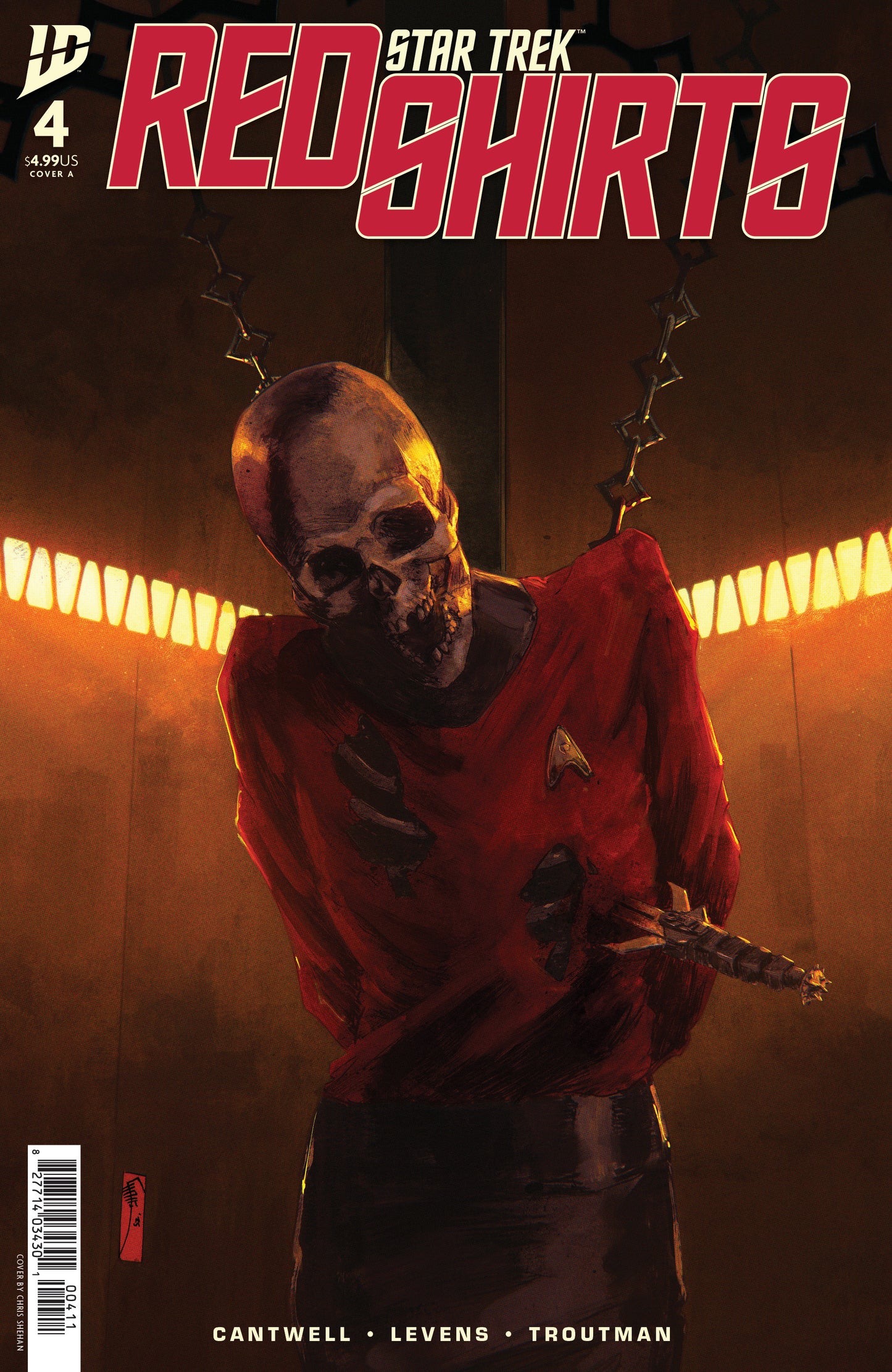 Comic book cover of 'Star Trek Red Shirts' with a character in a red shirt and helmet.