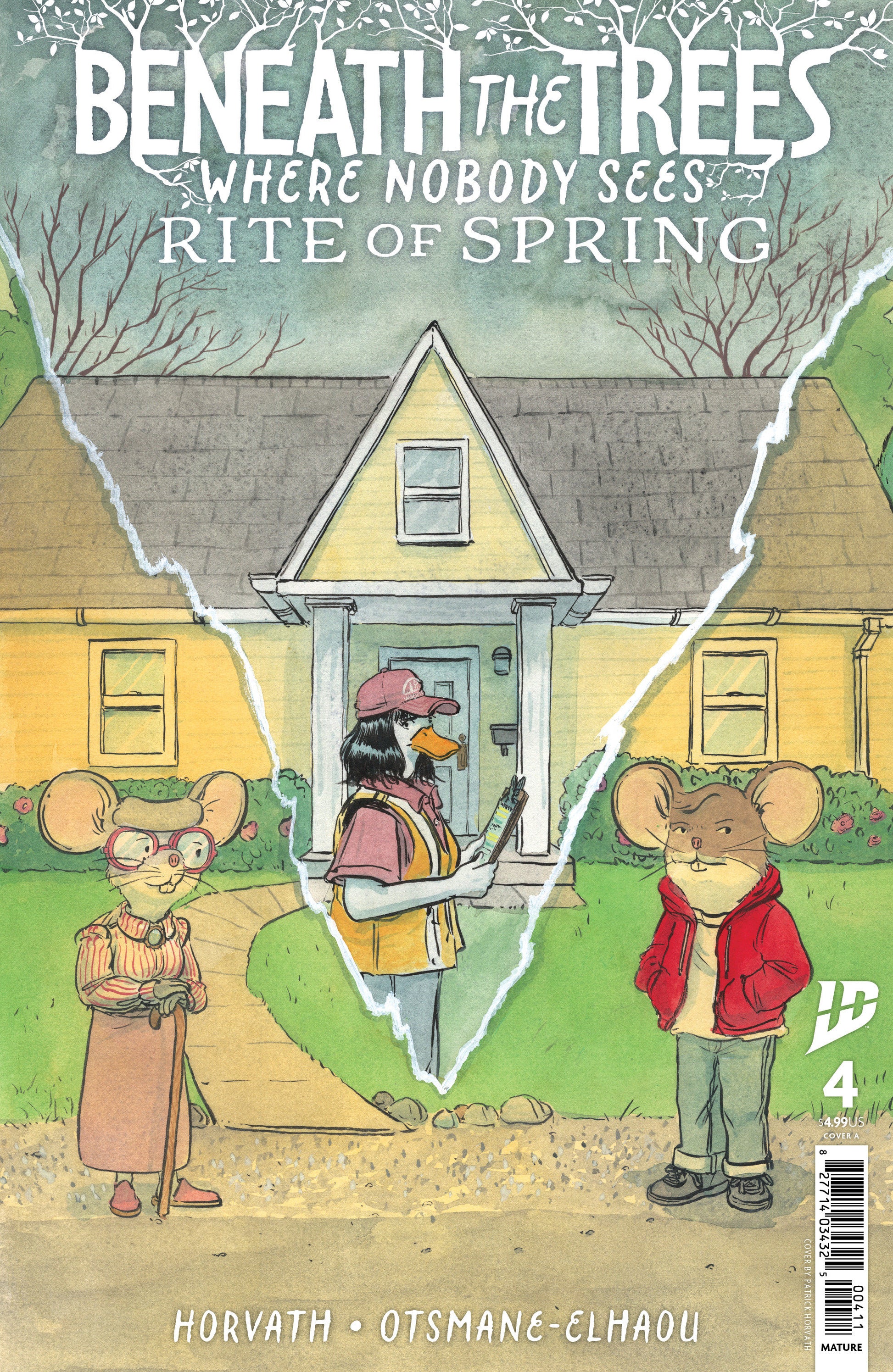 Comic book cover titled 'Beneath the Trees Where Nobody Sees: Rite of Spring' with characters and a house illustration.