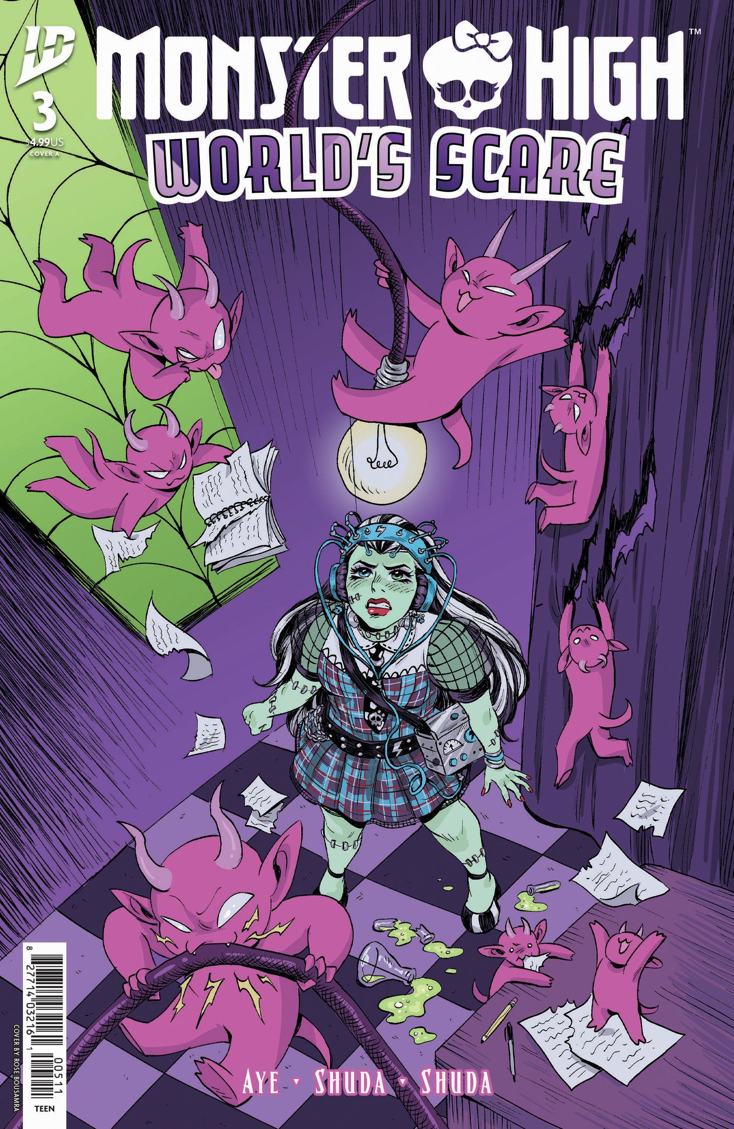 Comic book cover of 'Monster High: World's Scare' with a character surrounded by pink monsters on a purple background.