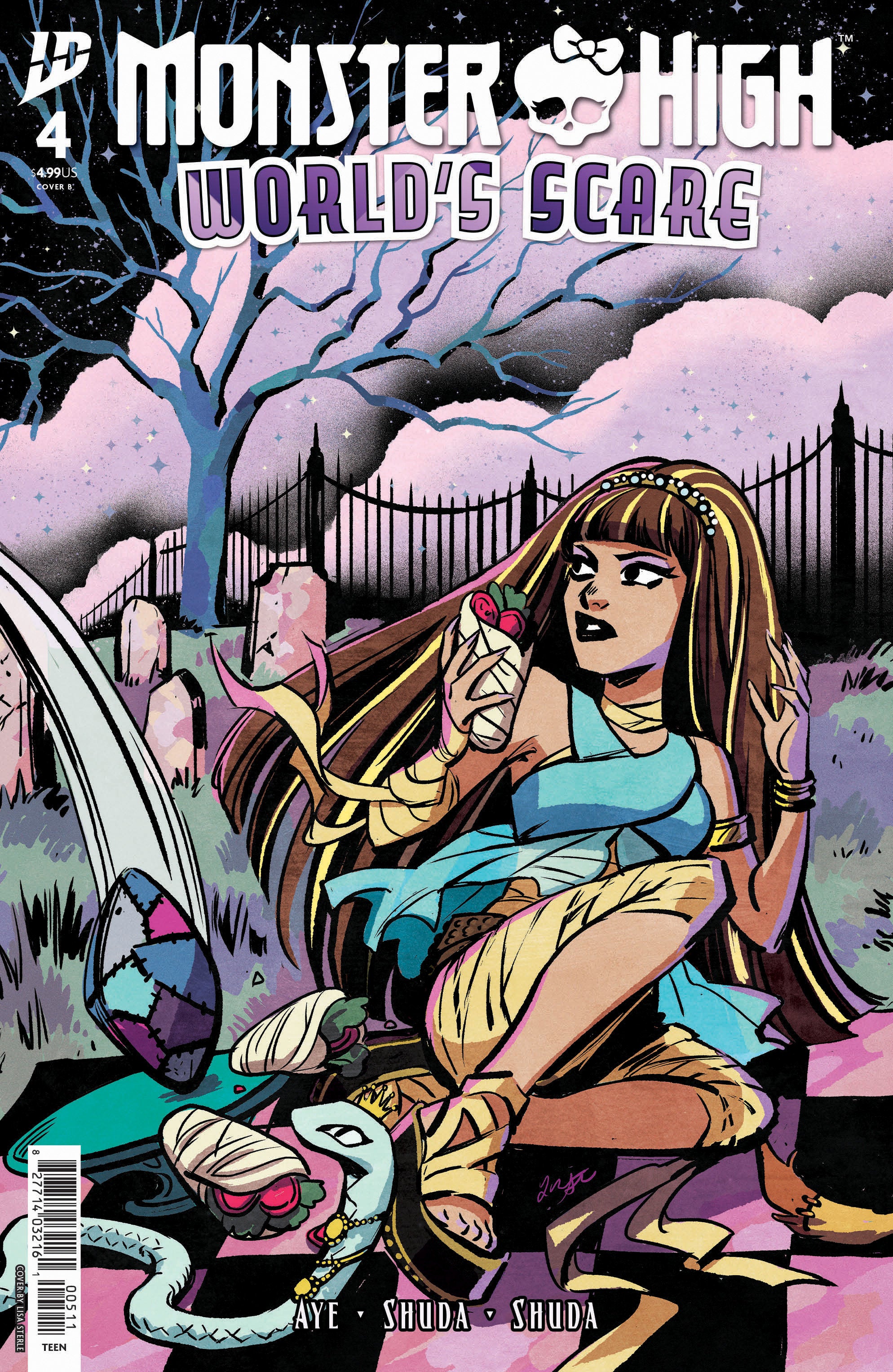 Monster High comic book cover with a character sitting on a bench in a graveyard.