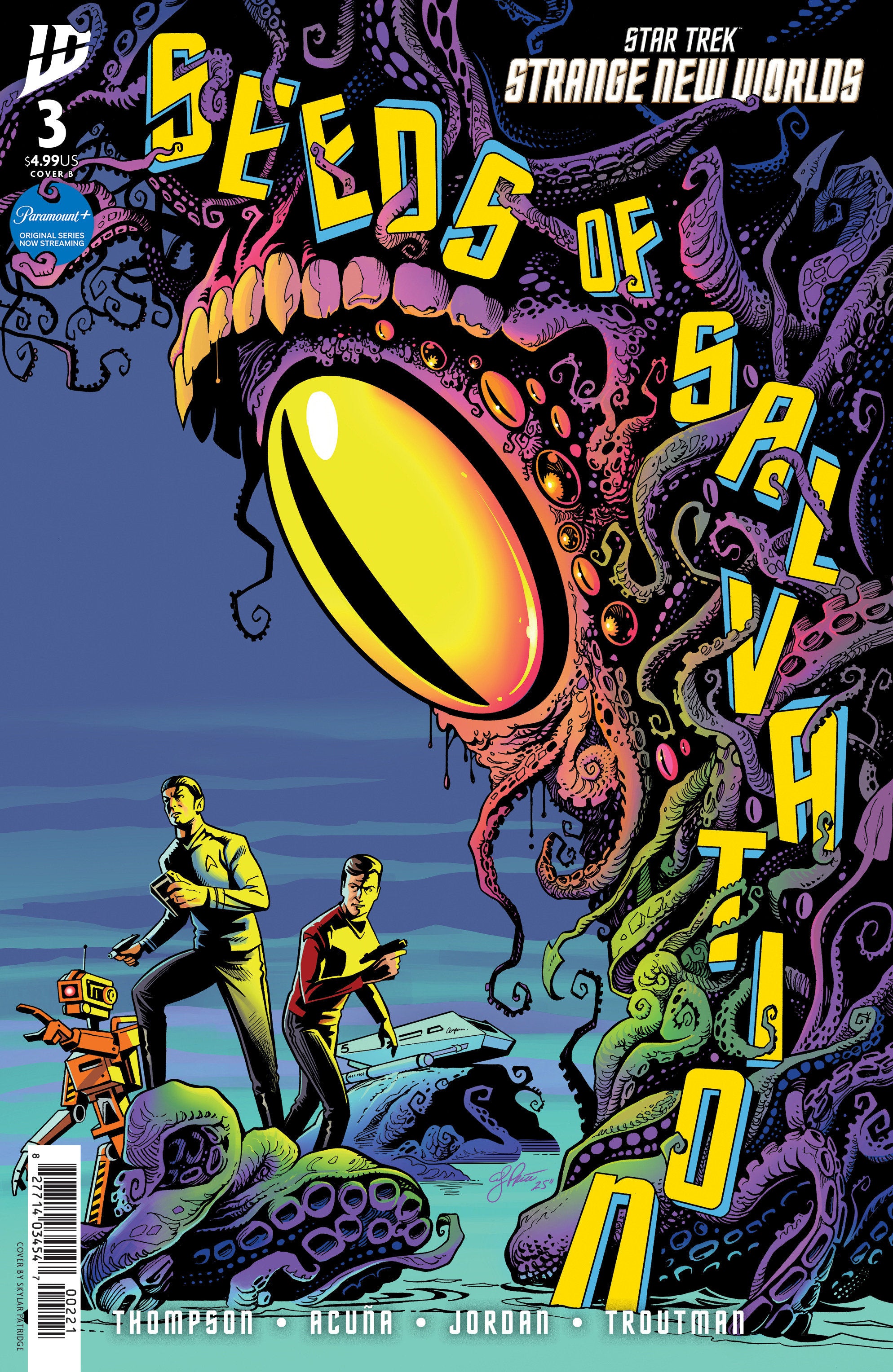 Comic book cover titled 'Seeds of Salvation' from Star Trek: Strange New Worlds with two characters and an alien creature.