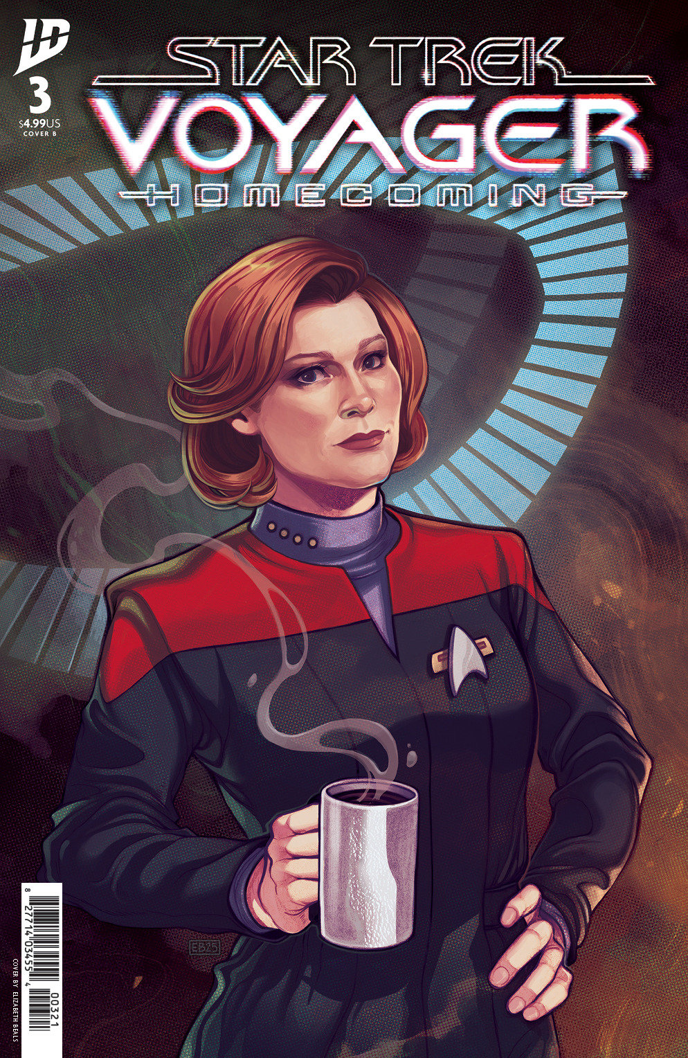 Comic book cover featuring a character from 'Star Trek Voyager' holding a coffee cup.