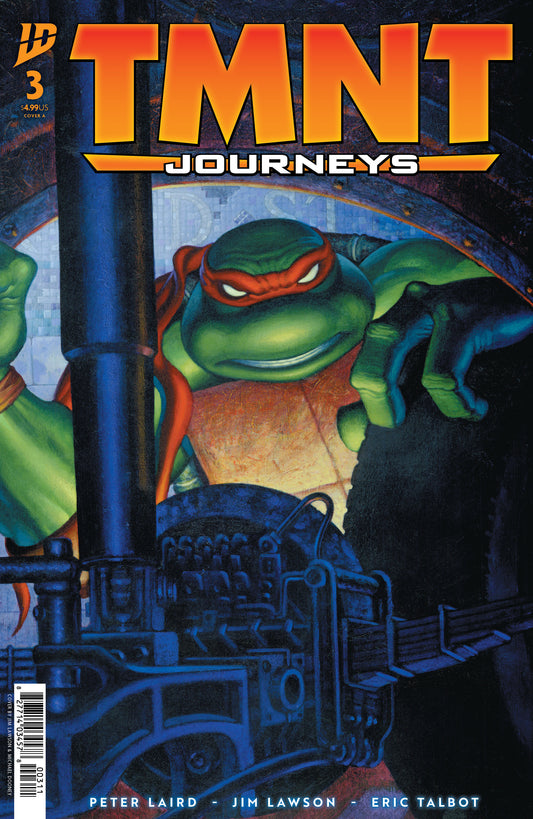 Comic book cover featuring Teenage Mutant Ninja Turtles with a train in the background
