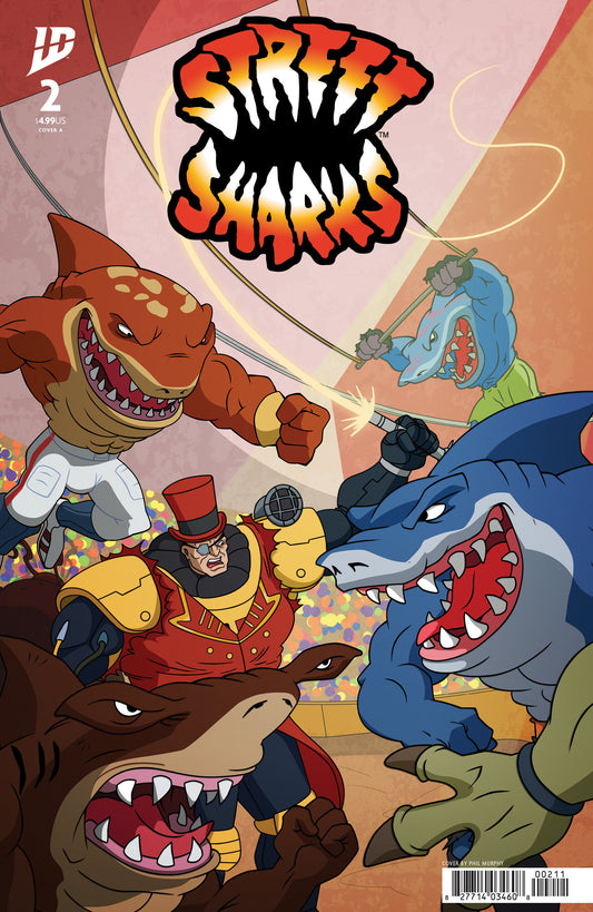 Comic book cover featuring cartoon sharks and a central character with a red hat on a colorful background.