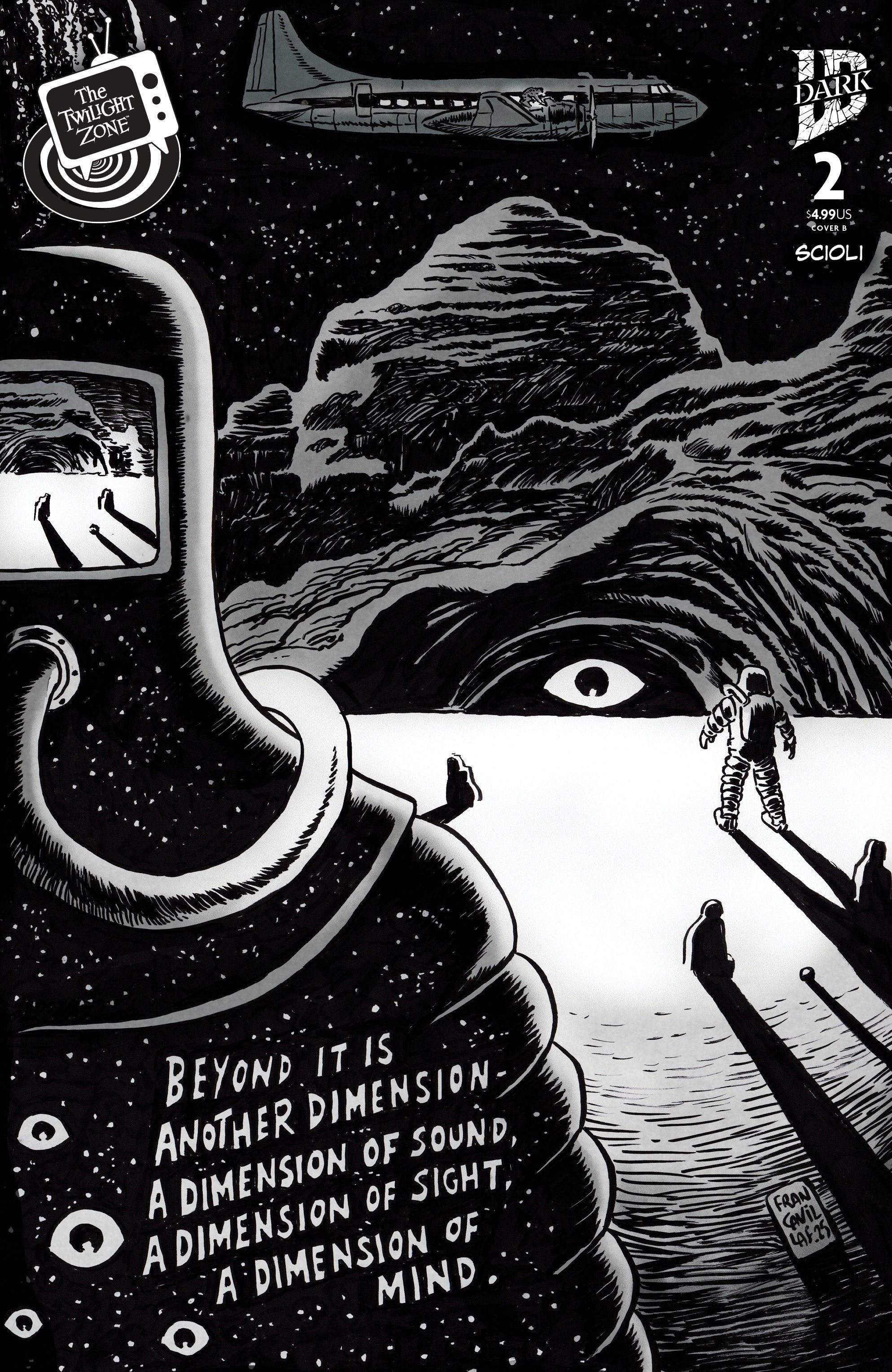 Comic book cover with a sci-fi scene featuring a spacecraft, alien landscape, and text about dimensions.