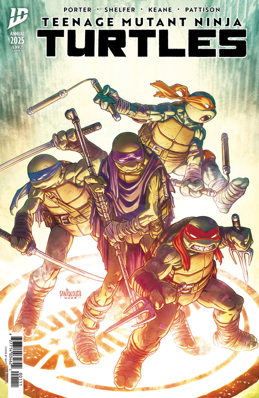 Comic book cover featuring Teenage Mutant Ninja Turtles with dynamic poses and action stances.