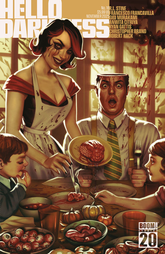 Comic book cover with a woman and man at a table, surrounded by children, with a 'Boom' logo.