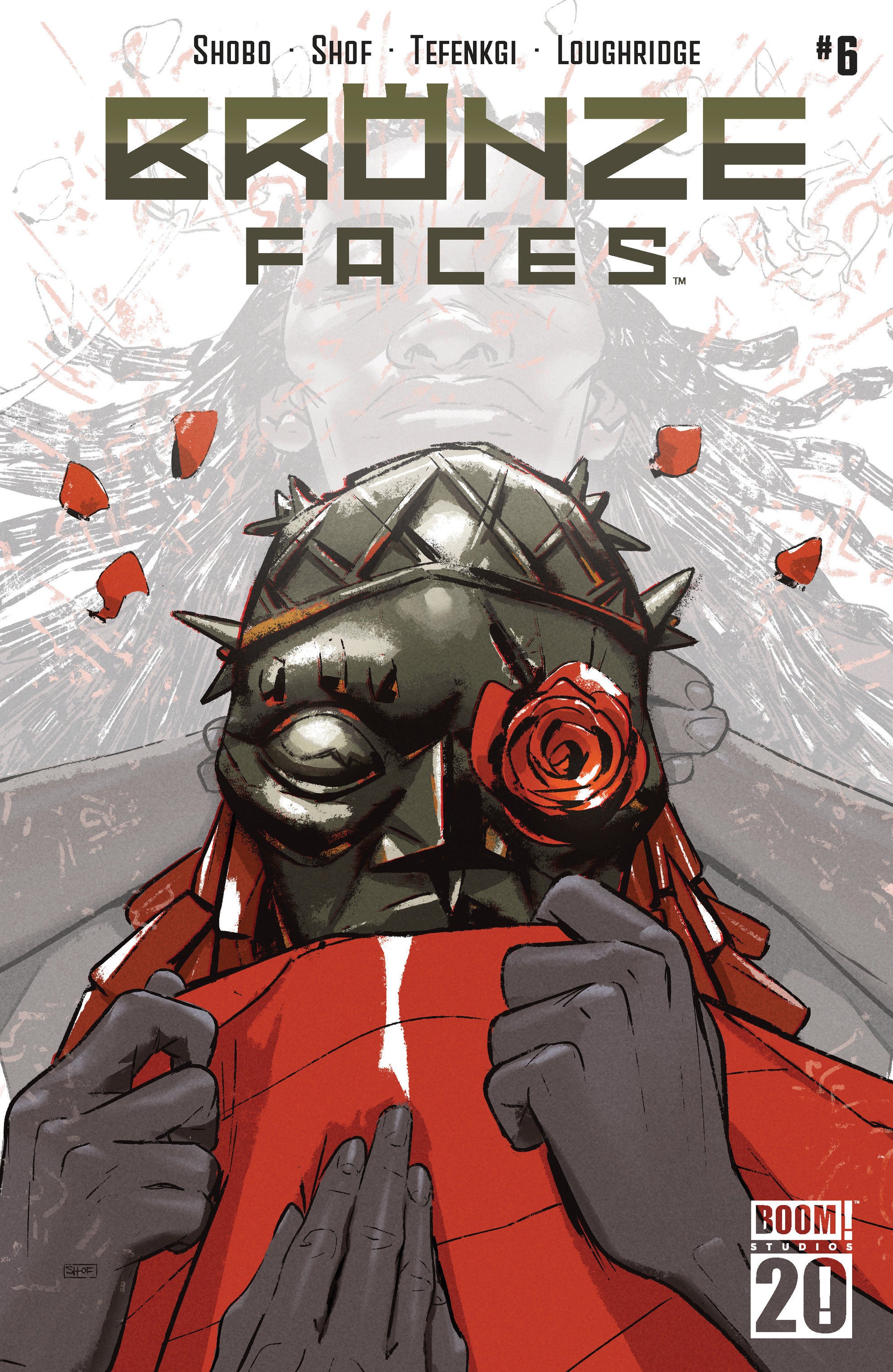 Comic book cover of 'Bronze Faces' with a person wearing a mask holding a rose.