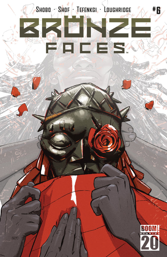 Comic book cover of 'Bronze Faces' with a person wearing a mask holding a rose.