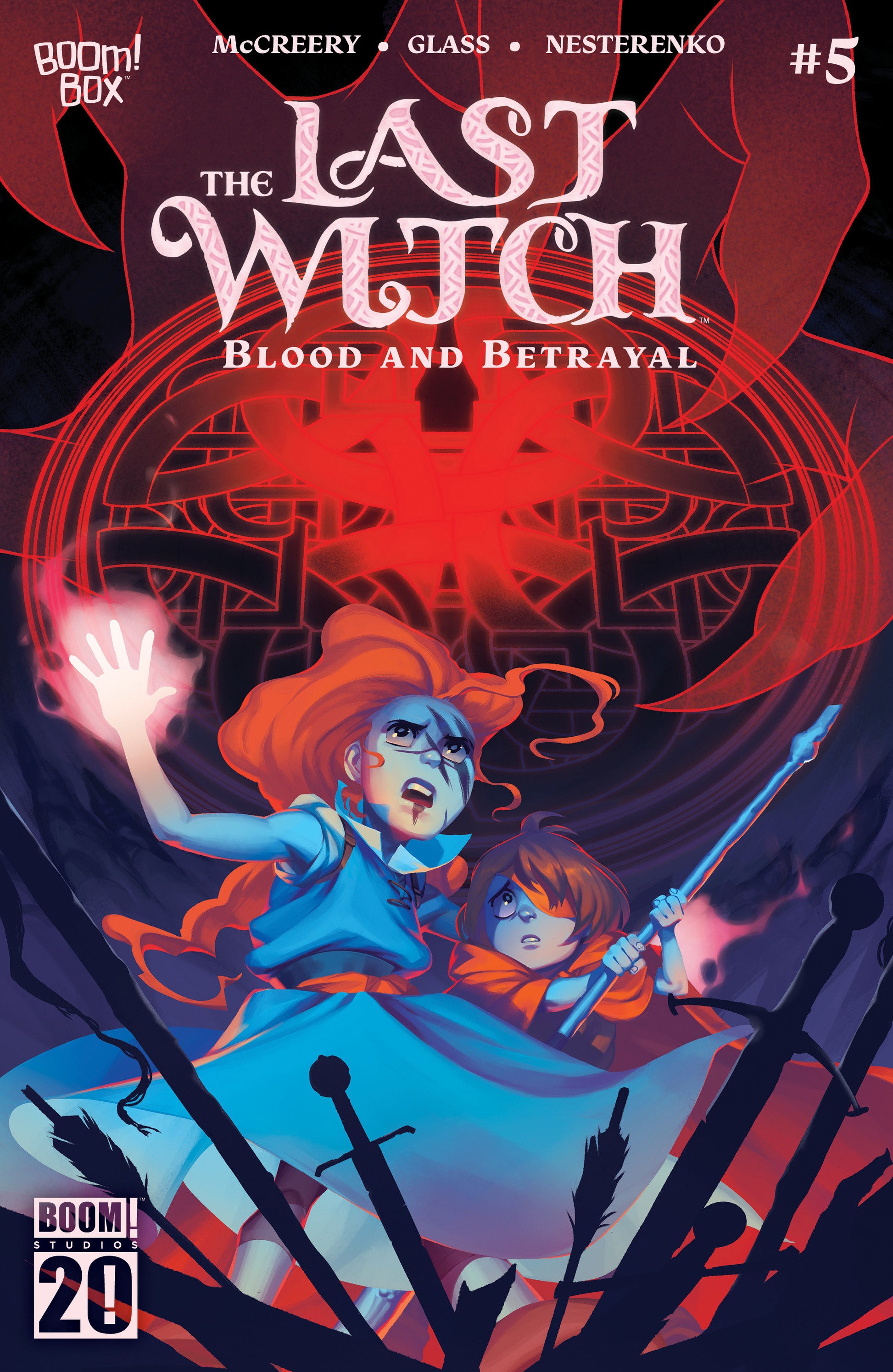 Comic book cover of 'The Last Witch: Blood and Betrayal' with a witch and child holding wands.