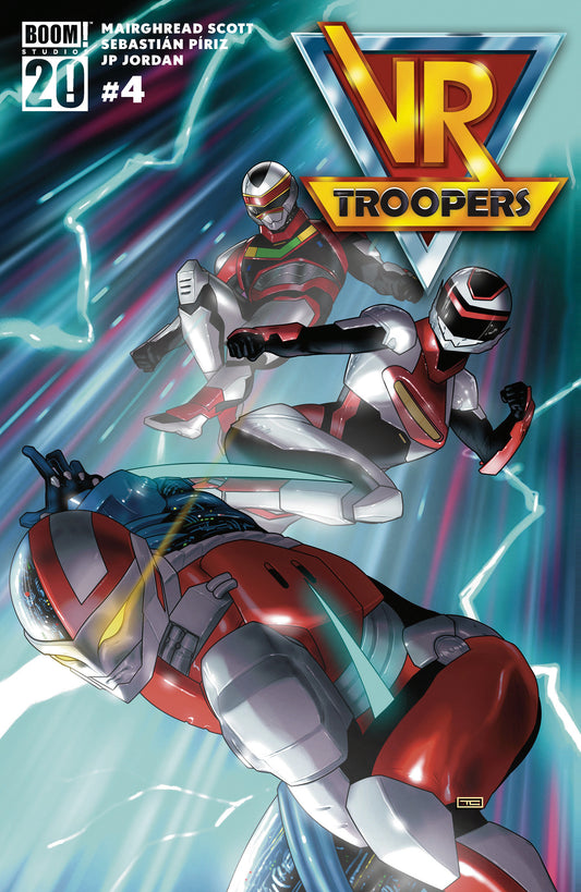 Comic book cover of 'VR Troopers' with two characters in futuristic suits against a dynamic background.