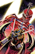 Comic book-style illustration of a character in a red suit with a brain-like helmet, holding a sword.