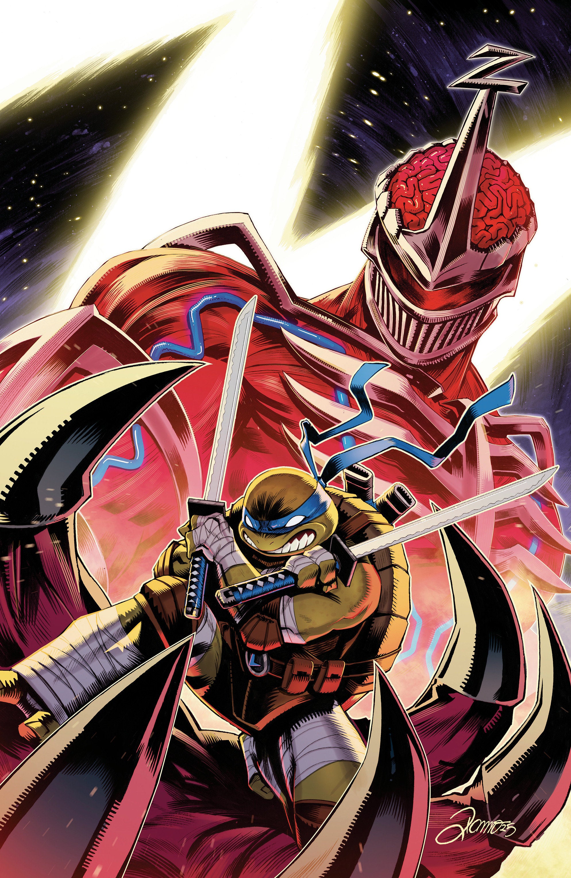 Comic book-style illustration of a character in a red suit with a brain-like helmet, holding a sword.