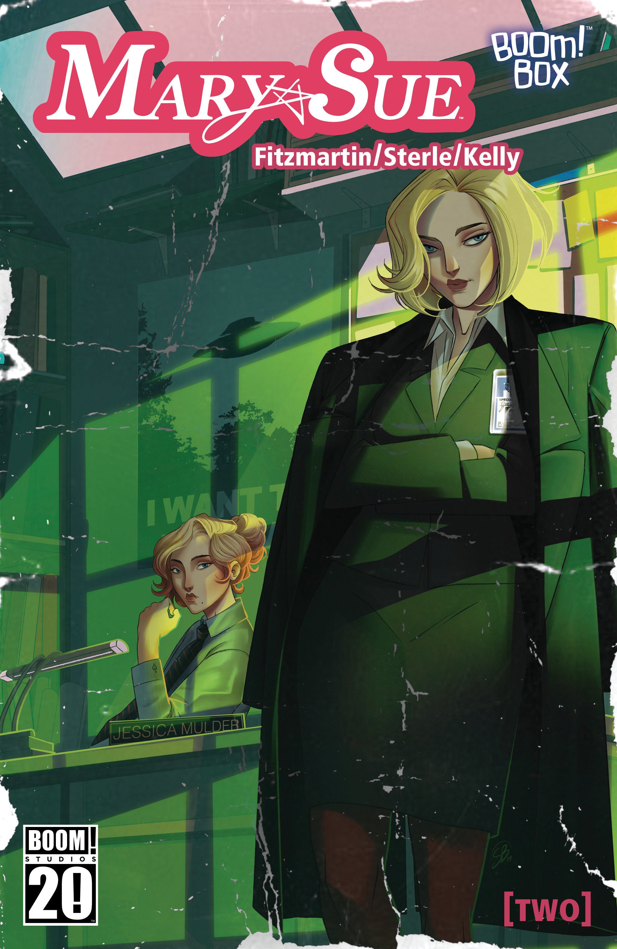 Comic book cover titled 'Mary Sue' with a character in a green suit and another in a yellow shirt.