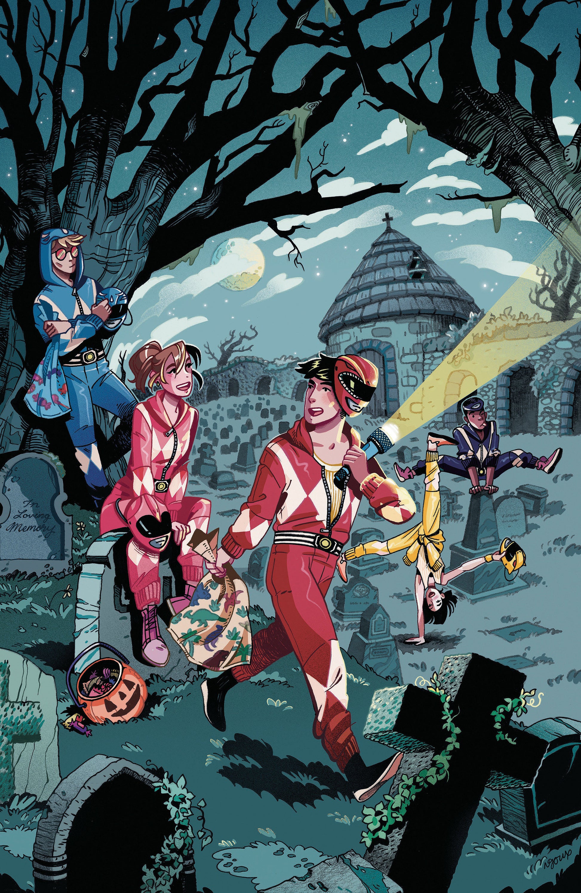 Comic book-style illustration of characters in a graveyard with a haunted house in the background.