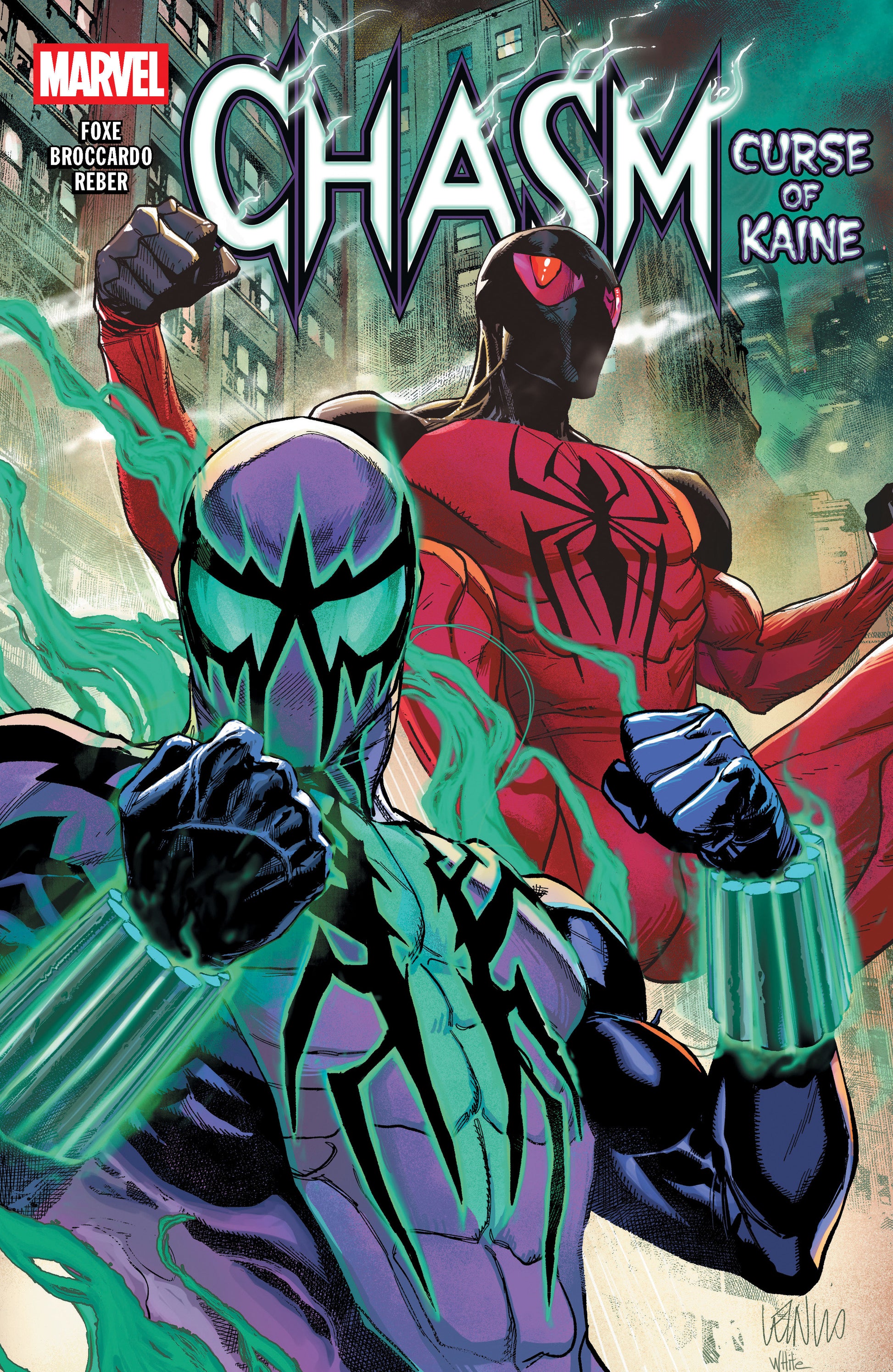 Comic book cover featuring two characters in superhero costumes with a cityscape background.