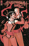 Comic book cover featuring two characters embracing with a stylized background