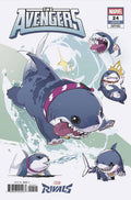 Comic book cover featuring a shark with superhero attire and 'The Avengers' branding.