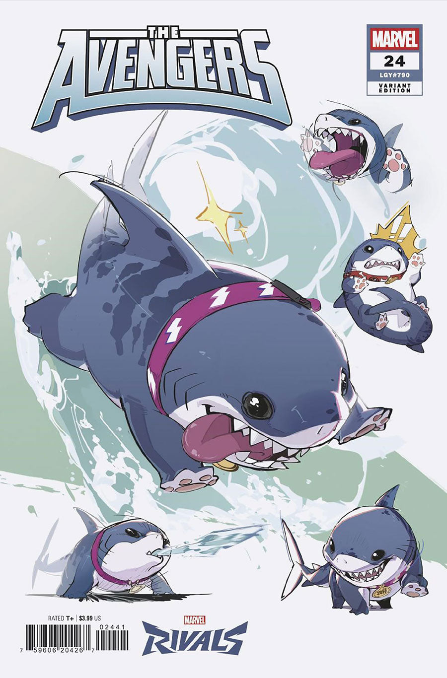 Comic book cover featuring a shark with superhero attire and 'The Avengers' branding.