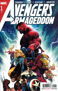 Comic book cover featuring superhero characters with a dynamic background
