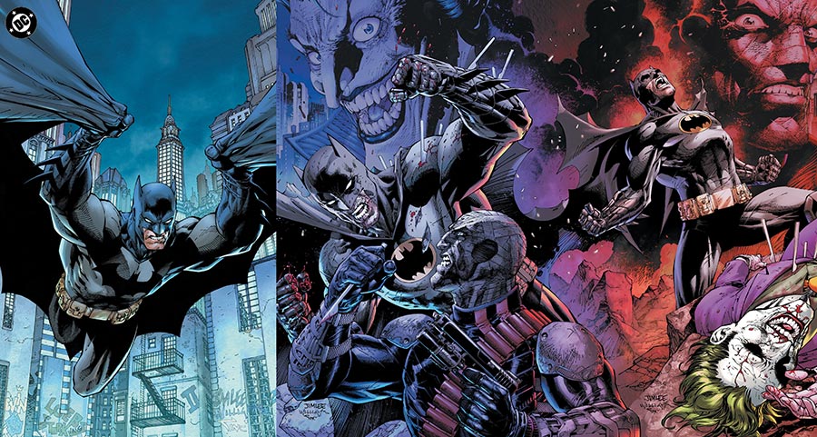 Comic book style illustration of a superhero and villains with a cityscape background