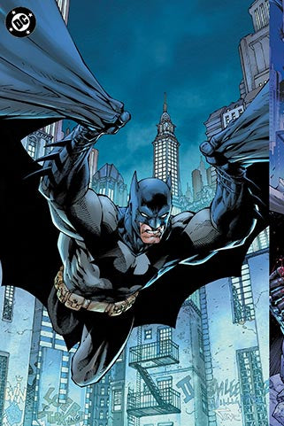 Comic book style illustration of a superhero and villains with a cityscape background