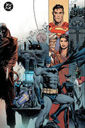 Comic book cover featuring various superheroes and villains with a cityscape background.