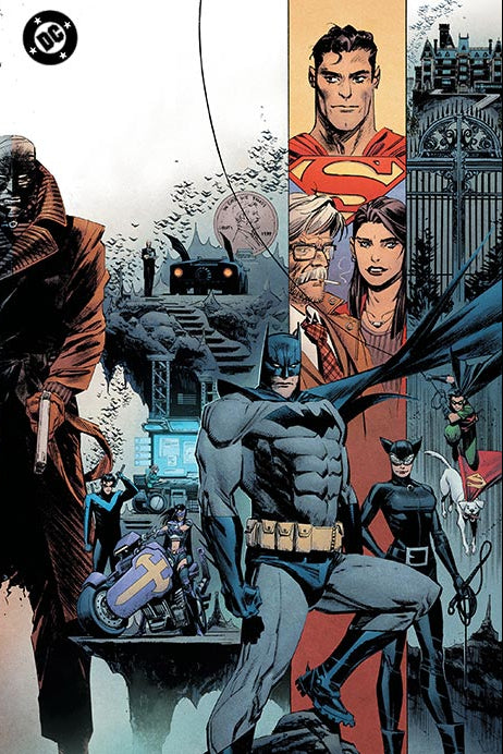 Comic book cover featuring various superheroes and villains with a cityscape background.