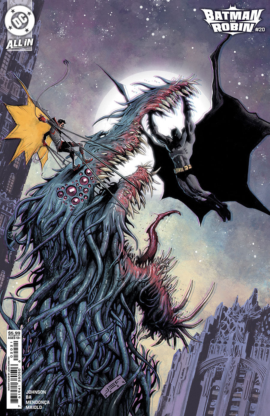 Comic book cover featuring a superhero and a monstrous creature with a cityscape background