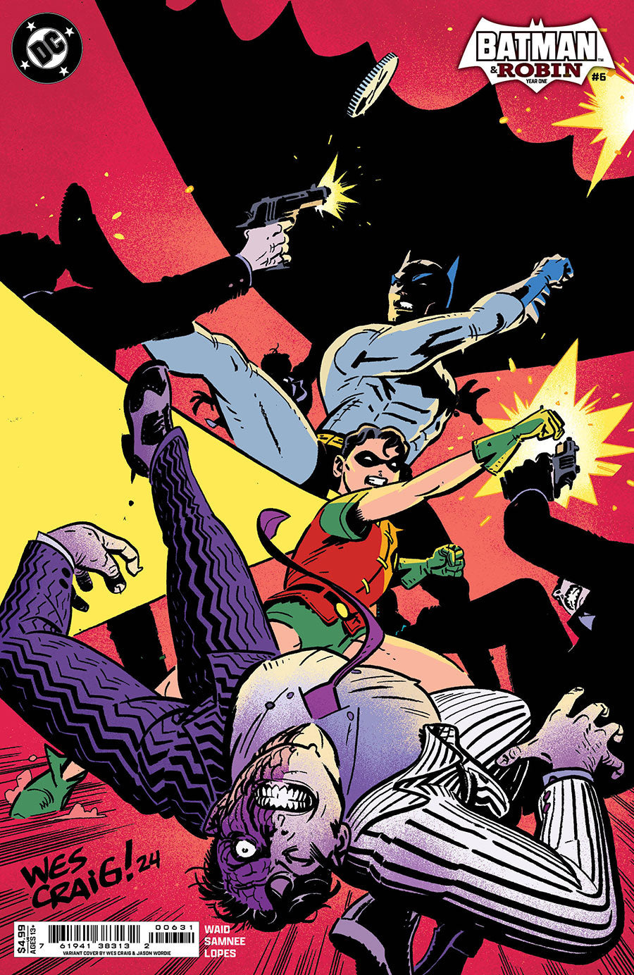 Comic book cover featuring Batman and Robin in action against a dynamic background.