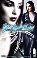 Comic book cover for Image Comics' 'The Six-Fisted Blood Squad Seven' issue #2, featuring stylized black-and-white artwork of a woman's face and a woman in a black leather jacket holding metal blades, with the title in large blue and white lettering.