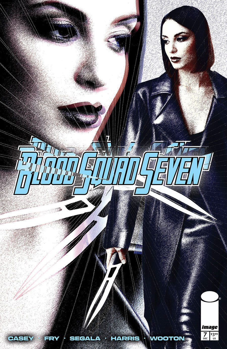 Comic book cover for Image Comics' 'The Six-Fisted Blood Squad Seven' issue #2, featuring stylized black-and-white artwork of a woman's face and a woman in a black leather jacket holding metal blades, with the title in large blue and white lettering.