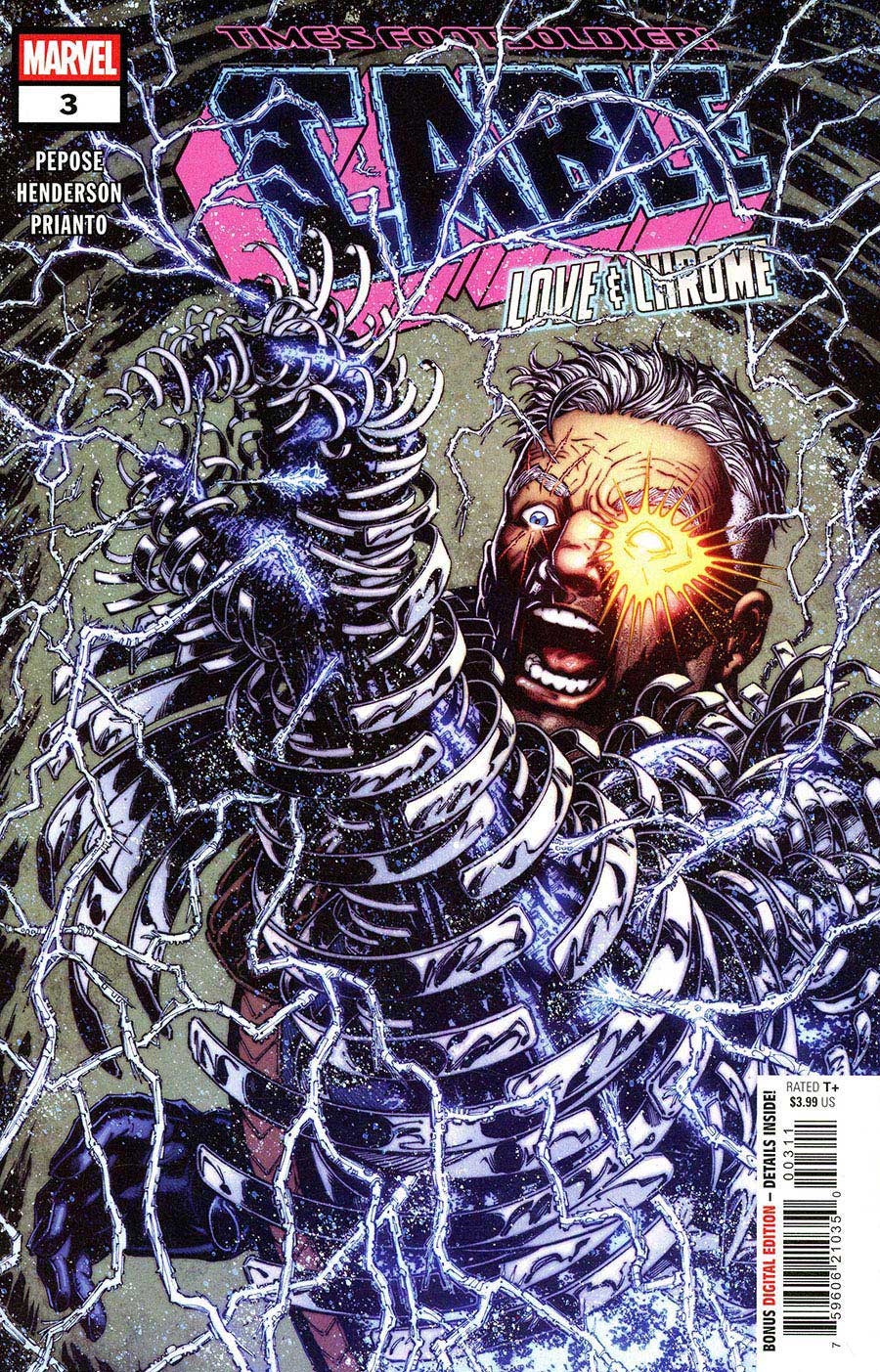 Marvel's Amazing Love & Chrome #3 comic book cover featuring a dramatic illustration of a man's face surrounded by metallic chains and glowing blue-white energy, with the Marvel logo in the top-left corner.