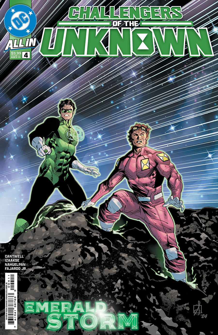 Comic book cover for DC's All-In issue #4, titled 'Challengers of the Unknown' and featuring Green Lantern and Hal Jordan on a dark rocky landscape with the text 'Emerald Storm' at the bottom.