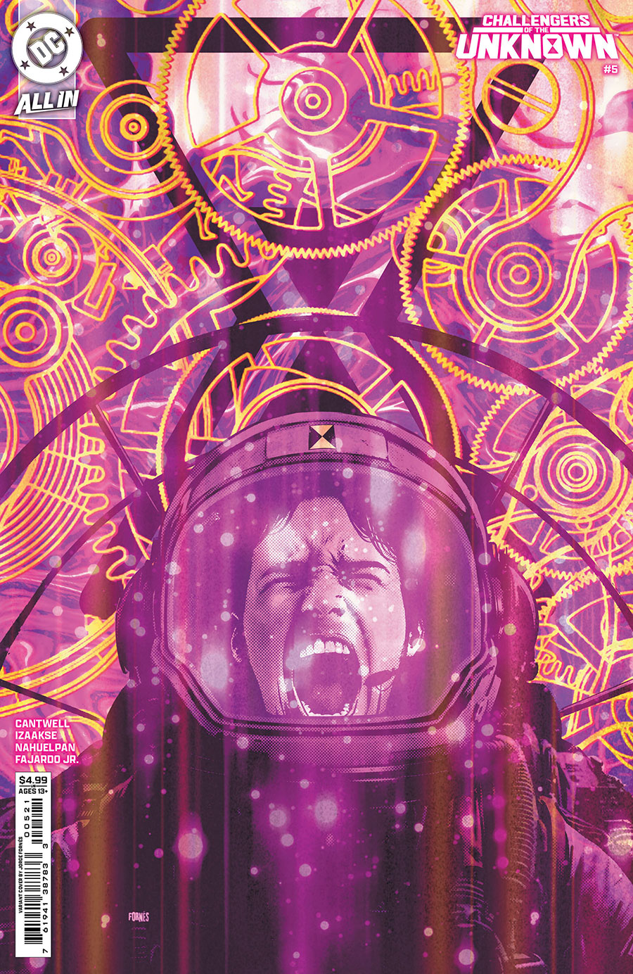 Comic book cover with an astronaut in a helmet against a purple and yellow geometric background