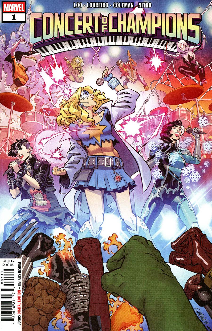 Comic book cover titled 'Concert of Champions' with characters and musical elements.