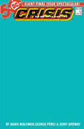 Front cover of Crisis on Infinite Earths issue 5, featuring a solid turquoise background with the DC logo in the top left, a large stylized Crisis title across the top, and creator names at the bottom.